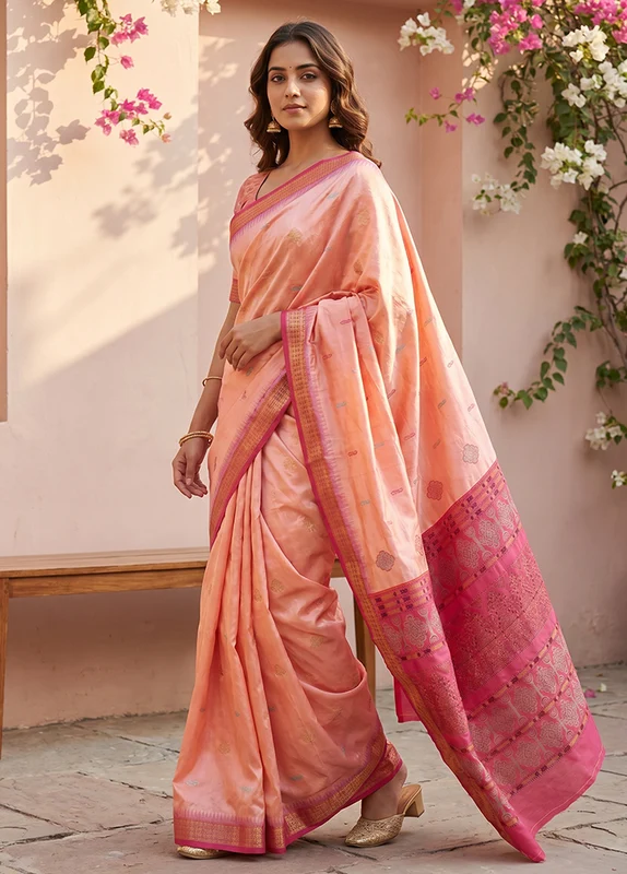 Peach Handloom Bomkai Pure Silk Saree With Blouse Piece One Size