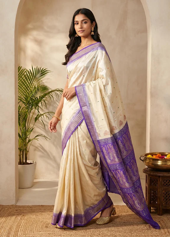 Cream Handloom Bomkai Pure Silk Saree With Blouse Piece One Size