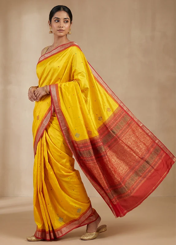 Yellow Handloom Bomkai Pure Silk Saree With Blouse Piece One Size