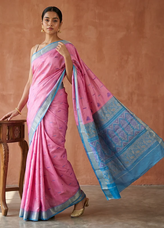 Pink Handloom Bomkai Pure Silk Saree With Blouse Piece One Size