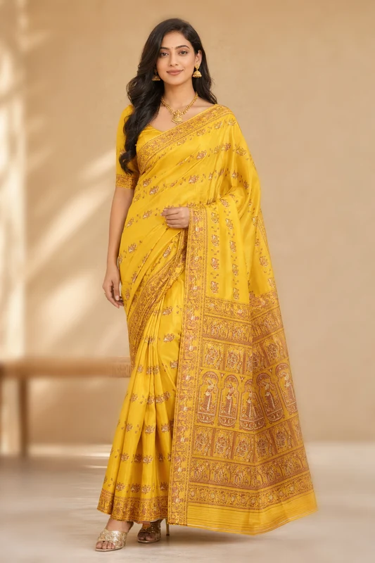 Yellow Handloom Baluchari Pure Silk Saree With Blouse Piece One Size