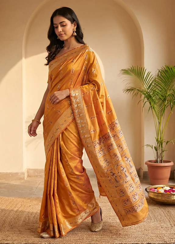 Rust Handloom Baluchari Pure Silk Saree With Blouse Piece One Size