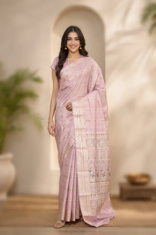 Purple Handloom Baluchari Pure Silk Saree With Blouse Piece One Size