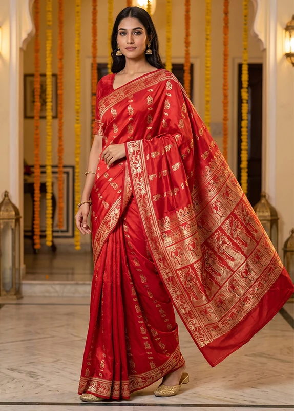 Red Handloom Baluchari Pure Silk Saree With Blouse Piece One Size