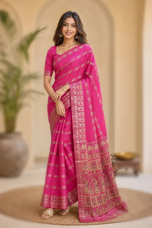 Pink Handloom Baluchari Pure Silk Saree With Blouse Piece One Size