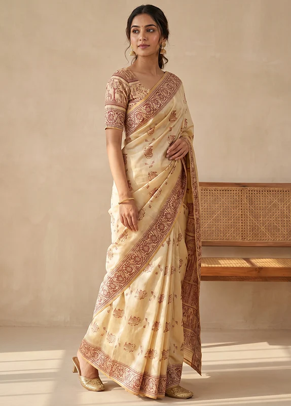 Cream Handloom Baluchari Pure Silk Saree With Blouse Piece One Size