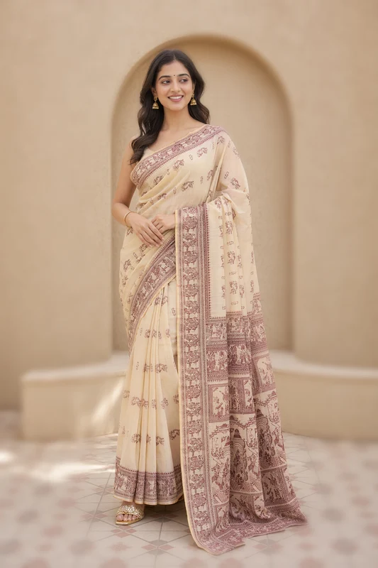 Cream Handloom Baluchari Pure Silk Saree With Blouse Piece One Size