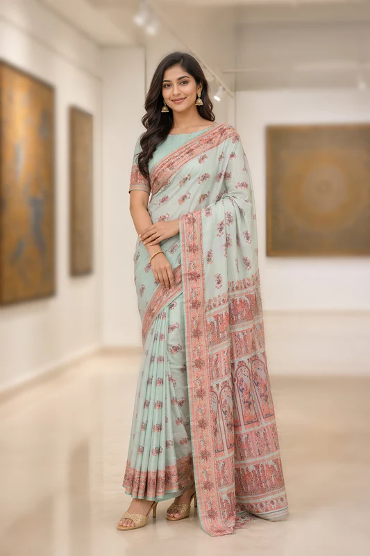 Green Handloom Baluchari Pure Silk Saree With Blouse Piece One Size