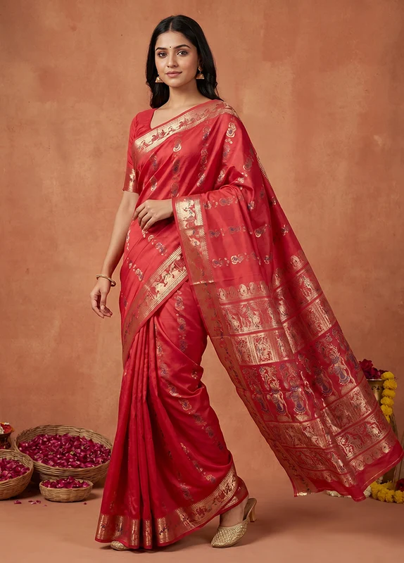 Pink Handloom Baluchari Pure Silk Saree With Blouse Piece One Size