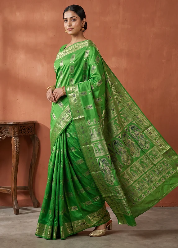 Green Handloom Baluchari Pure Silk Saree With Blouse Piece One Size