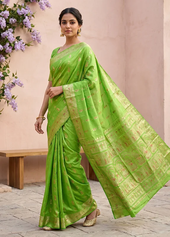 Green Handloom Baluchari Pure Silk Saree With Blouse Piece One Size
