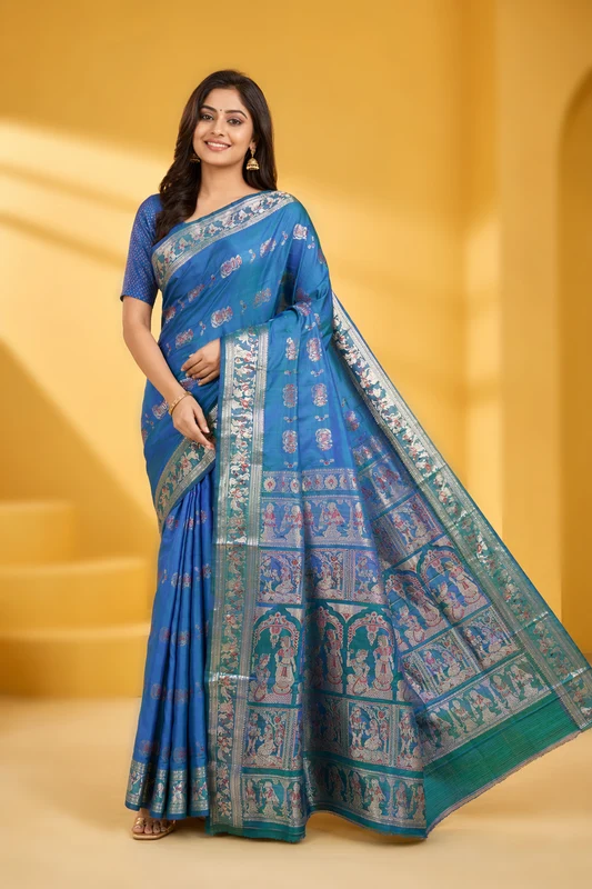 Green Handloom Baluchari Pure Silk Saree With Blouse Piece One Size