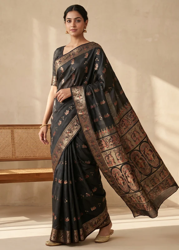 Black Handloom Baluchari Pure Silk Saree With Blouse Piece One Size