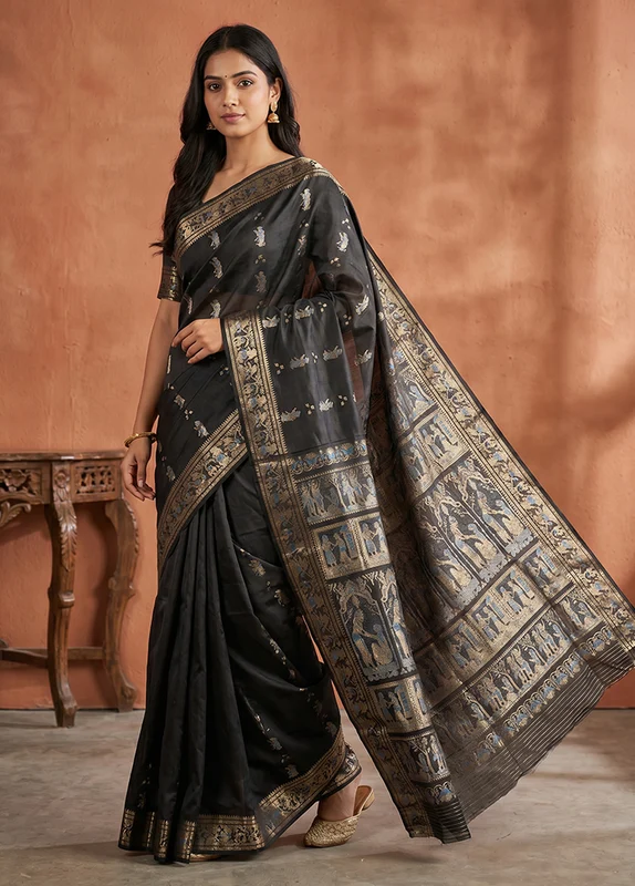 Black Handloom Baluchari Pure Silk Saree With Blouse Piece One Size