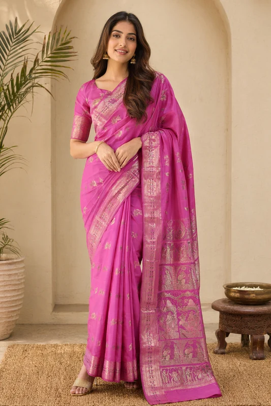 Pink Handloom Baluchari Pure Silk Saree With Blouse Piece One Size