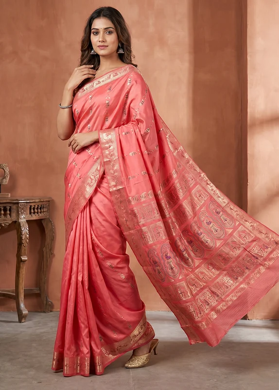 Pink Handloom Baluchari Pure Silk Saree With Blouse Piece One Size
