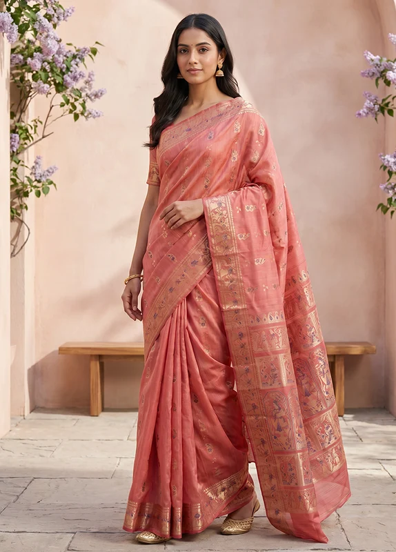 Pink Handloom Baluchari Pure Silk Saree With Blouse Piece One Size