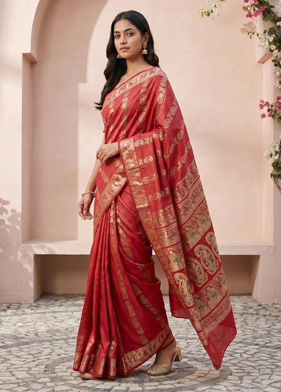 Maroon Handloom Baluchari Pure Silk Saree With Blouse Piece One Size