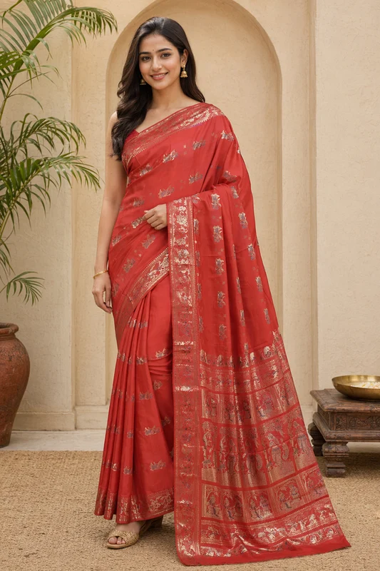 Rust Handloom Baluchari Pure Silk Saree With Blouse Piece One Size
