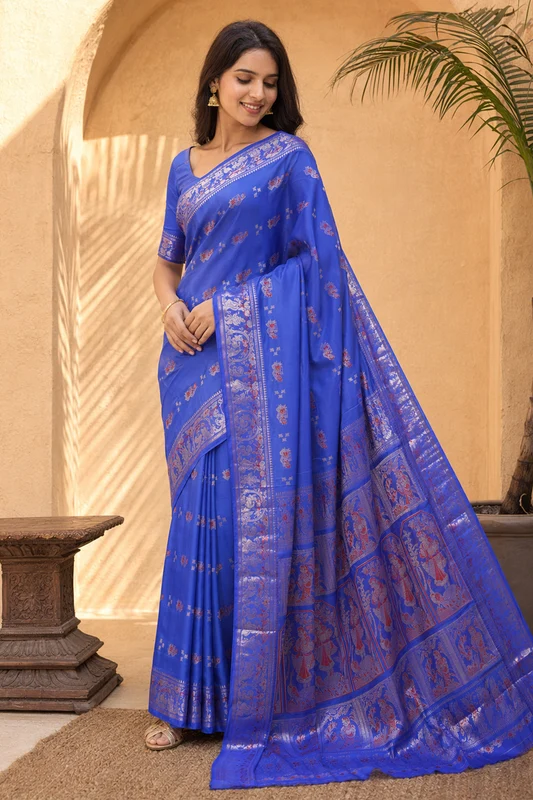 Blue Handloom Baluchari Pure Silk Saree With Blouse Piece One Size
