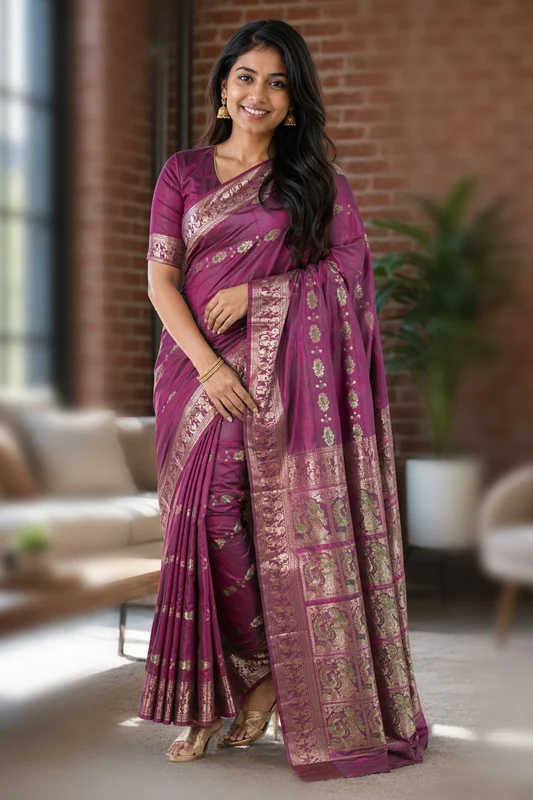 Purple Handloom Baluchari Pure Silk Saree With Blouse Piece One Size