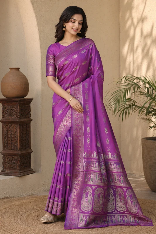 Purple Handloom Baluchari Pure Silk Saree With Blouse Piece One Size