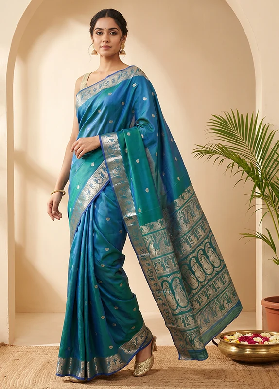 Green Handloom Baluchari Pure Silk Saree With Blouse Piece One Size