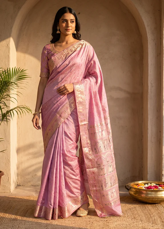 Purple Handloom Baluchari Pure Silk Saree With Blouse Piece One Size