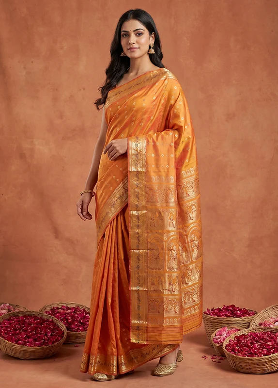 Yellow Handloom Baluchari Pure Silk Saree With Blouse Piece One Size