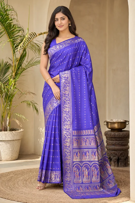 Blue Handloom Baluchari Pure Silk Saree With Blouse Piece One Size