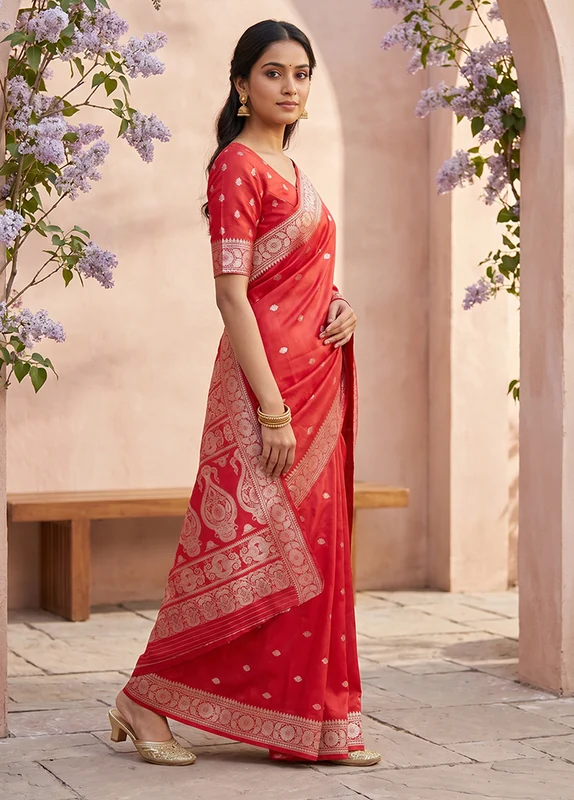 Red Handloom Baluchari Pure Silk Saree With Blouse Piece One Size