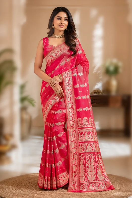 Pink Handloom Baluchari Pure Silk Saree With Blouse Piece One Size