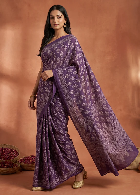 Purple Modal Silk Saree Without Blouse Piece One Size