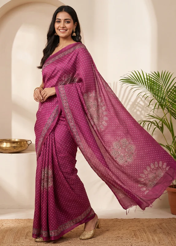 Purple Modal Silk Saree Without Blouse Piece One Size