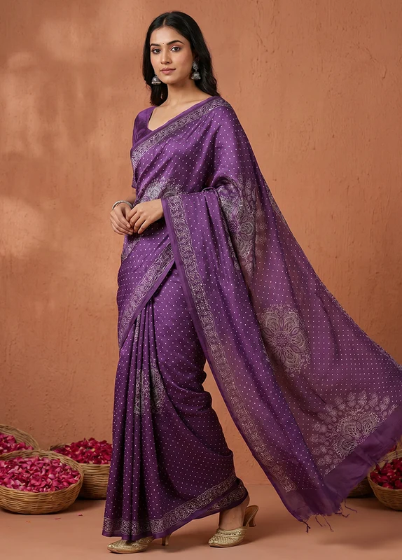 Purple Modal Silk Saree Without Blouse Piece One Size