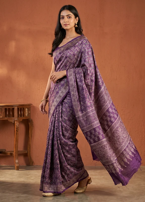 Purple Modal Silk Saree Without Blouse Piece One Size
