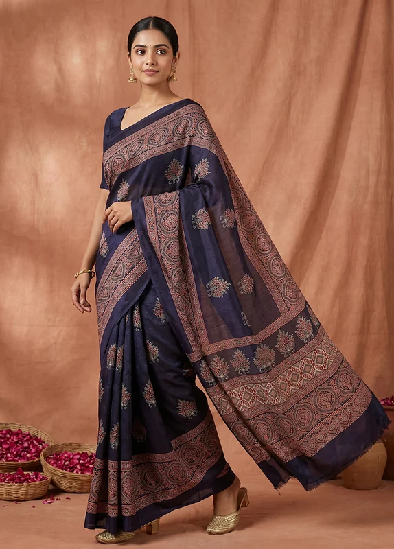 Blue Modal Silk Saree Without Blouse Piece One Size