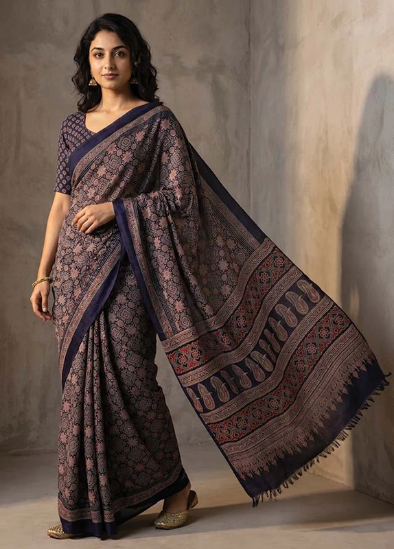 Blue Modal Silk Saree Without Blouse Piece One Size