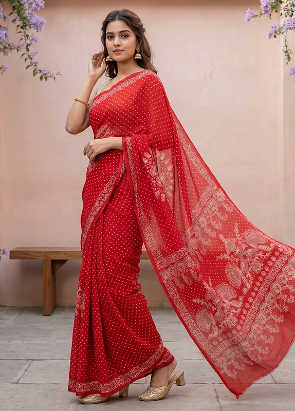 Red Modal Silk Saree Without Blouse Piece One Size