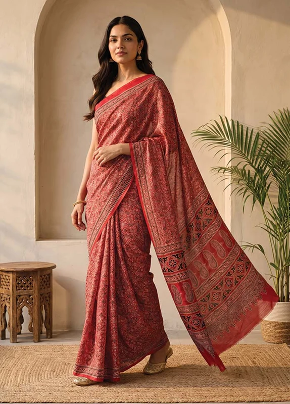 Red Modal Silk Saree Without Blouse Piece One Size
