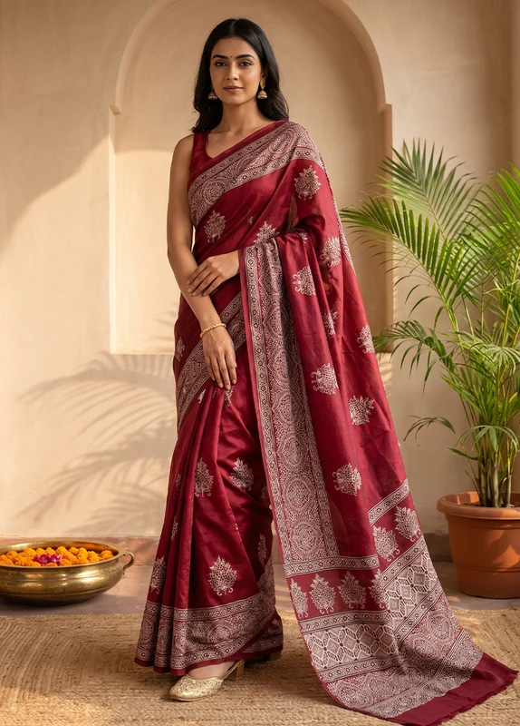 Maroon Modal Silk Saree Without Blouse Piece One Size