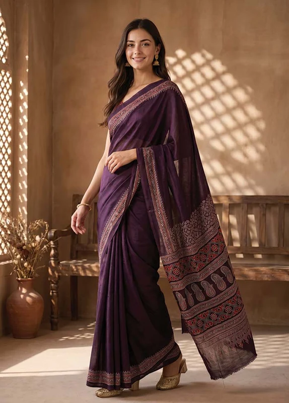 Purple Modal Silk Saree Without Blouse Piece One Size