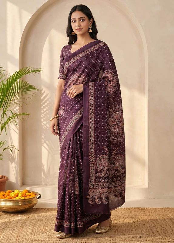 Purple Modal Silk Saree Without Blouse Piece One Size