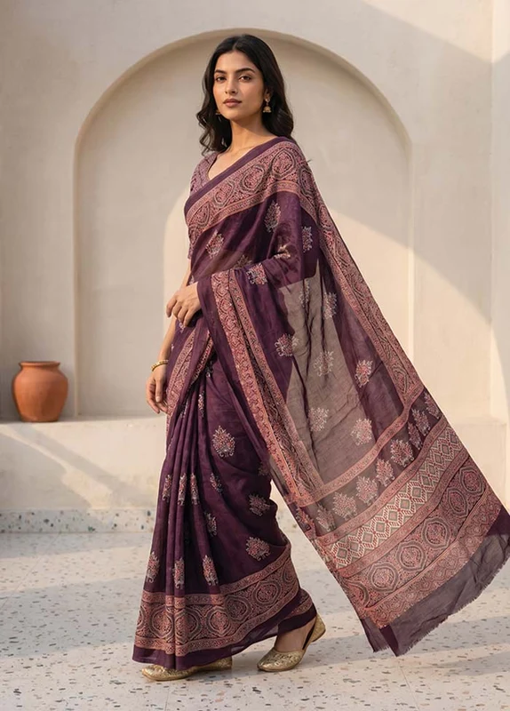 Purple Modal Silk Saree Without Blouse Piece One Size