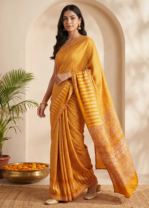 Yellow Modal Silk Saree Without Blouse Piece One Size
