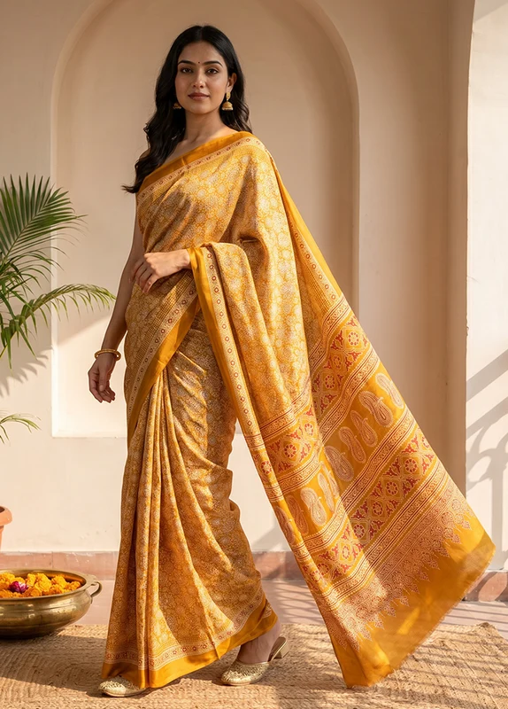 Yellow Modal Silk Saree Without Blouse Piece One Size