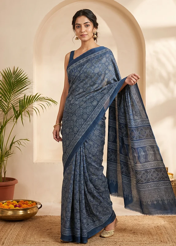 Blue Modal Silk Saree Without Blouse Piece One Size