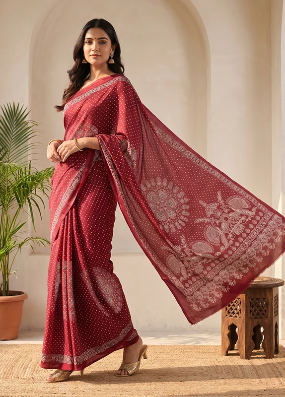 Maroon Modal Silk Saree Without Blouse Piece One Size