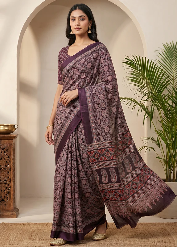 Purple Modal Silk Saree Without Blouse Piece One Size