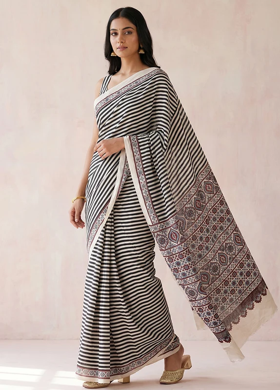 Cream Printed Pure Silk Saree Without Blouse Piece One Size